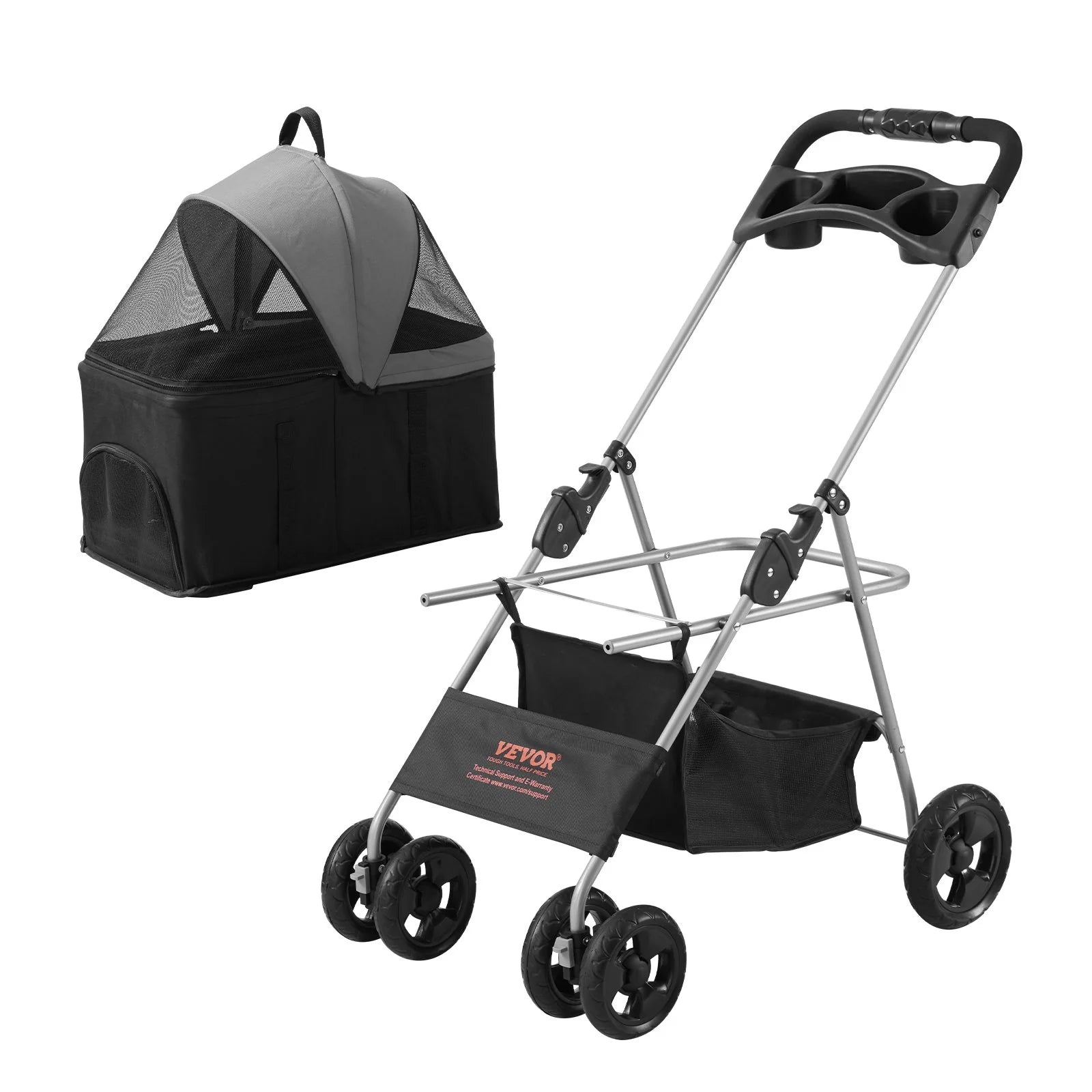 VEVOR 4-Wheel Pet Stroller with Rotating Wheels and Brakes, 35 lbs Capacity, Detachable Carrier, Storage Basket, and Cup Holder for Dogs and Cats, Black and Dark Grey