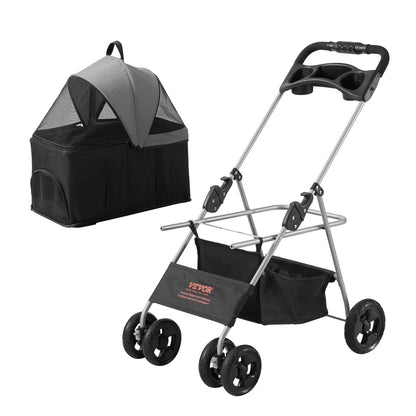 VEVOR 4-Wheel Pet Stroller with Rotating Wheels and Brakes, 35 lbs Capacity, Detachable Carrier, Storage Basket, and Cup Holder for Dogs and Cats, Black and Dark Grey