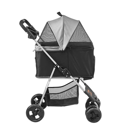 VEVOR 4-Wheel Pet Stroller with Rotating Wheels and Brakes, 35 lbs Capacity, Detachable Carrier, Storage Basket, and Cup Holder for Dogs and Cats, Black and Dark Grey