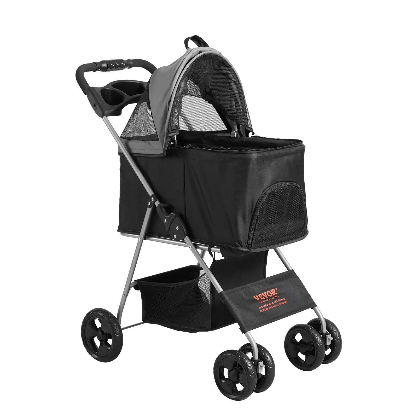 VEVOR 4-Wheel Pet Stroller with Rotating Wheels and Brakes, 35 lbs Capacity, Detachable Carrier, Storage Basket, and Cup Holder for Dogs and Cats, Black and Dark Grey