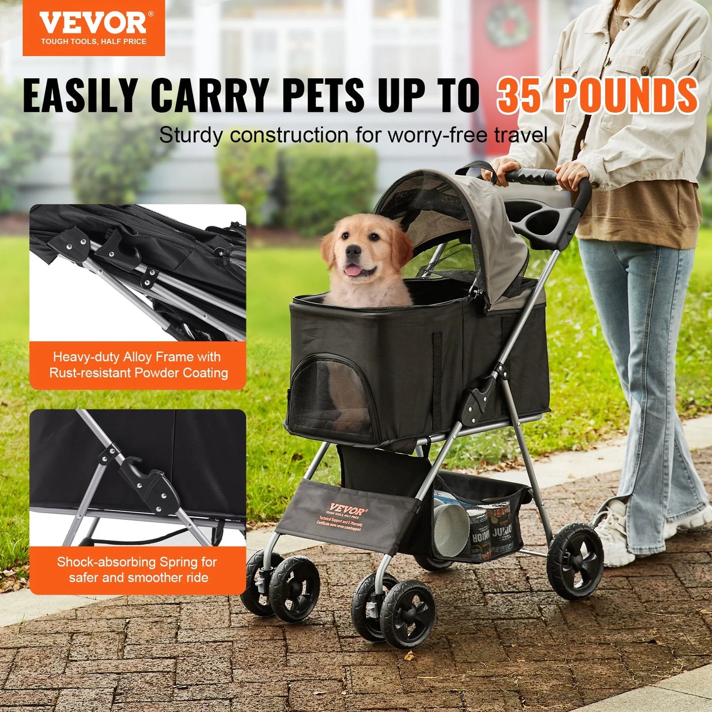 VEVOR 4-Wheel Pet Stroller with Rotating Wheels and Brakes, 35 lbs Capacity, Detachable Carrier, Storage Basket, and Cup Holder for Dogs and Cats, Black and Dark Grey