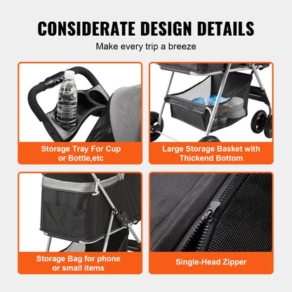 VEVOR 4-Wheel Pet Stroller with Rotating Wheels and Brakes, 35 lbs Capacity, Detachable Carrier, Storage Basket, and Cup Holder for Dogs and Cats, Black and Dark Grey