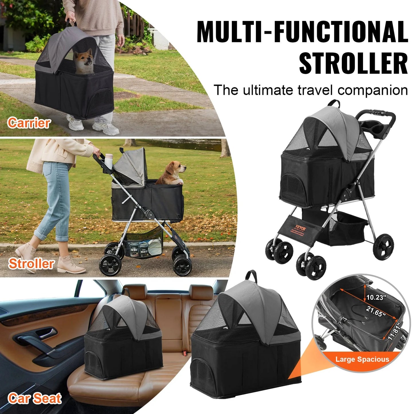 VEVOR 4-Wheel Pet Stroller with Rotating Wheels and Brakes, 35 lbs Capacity, Detachable Carrier, Storage Basket, and Cup Holder for Dogs and Cats, Black and Dark Grey