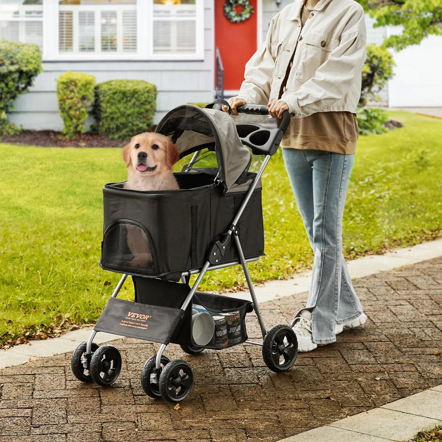 VEVOR 4-Wheel Pet Stroller with Rotating Wheels and Brakes, 35 lbs Capacity, Detachable Carrier, Storage Basket, and Cup Holder for Dogs and Cats, Black and Dark Grey