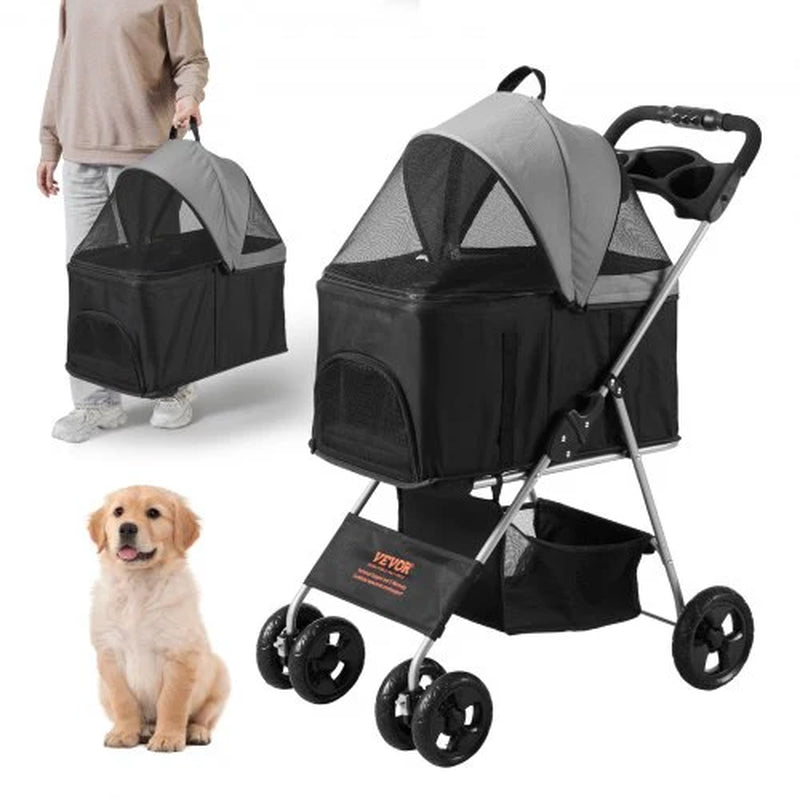 VEVOR 4-Wheel Pet Stroller with Rotating Wheels and Brakes, 35 lbs Capacity, Detachable Carrier, Storage Basket, and Cup Holder for Dogs and Cats, Black and Dark Grey